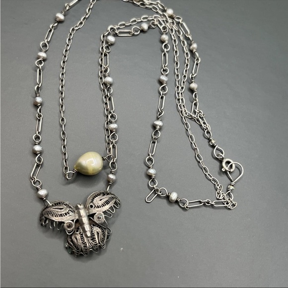 Dainty 925 Estate Art Nouveau France BUTTERFLY Double Necklace pearls Filigree